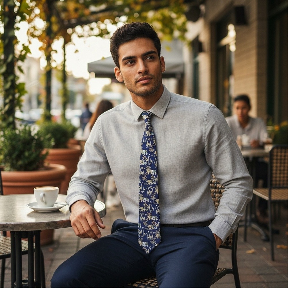 Salvatore Ferragamo Navy Blue Silk Safari Elephant‎ Giraffe Animal Print Tie